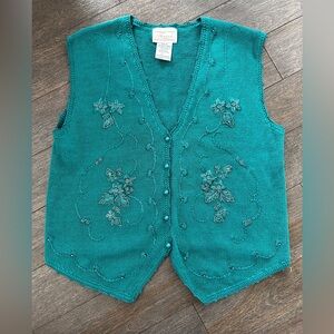 Vntg Teal Embroidered Knit Vest size 10-12